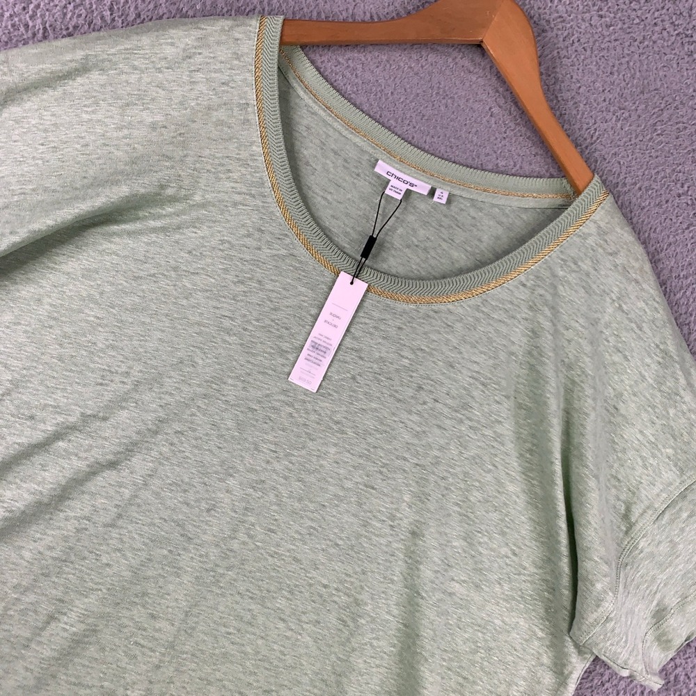 Chico's Easy Linen Tee Size 4 XXL 2XL Moroccan Mint Green Gold Short Sleeve‎ Top
